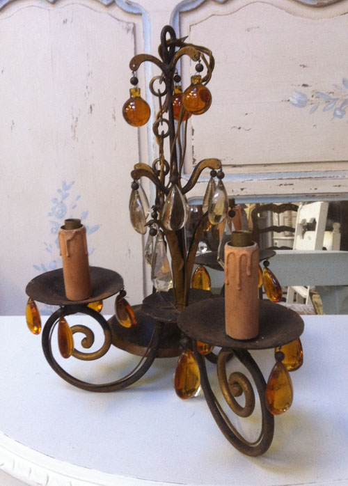 OLD FRENCH IRON AND AMBER GLASS AND CRYSTAL LIGHT